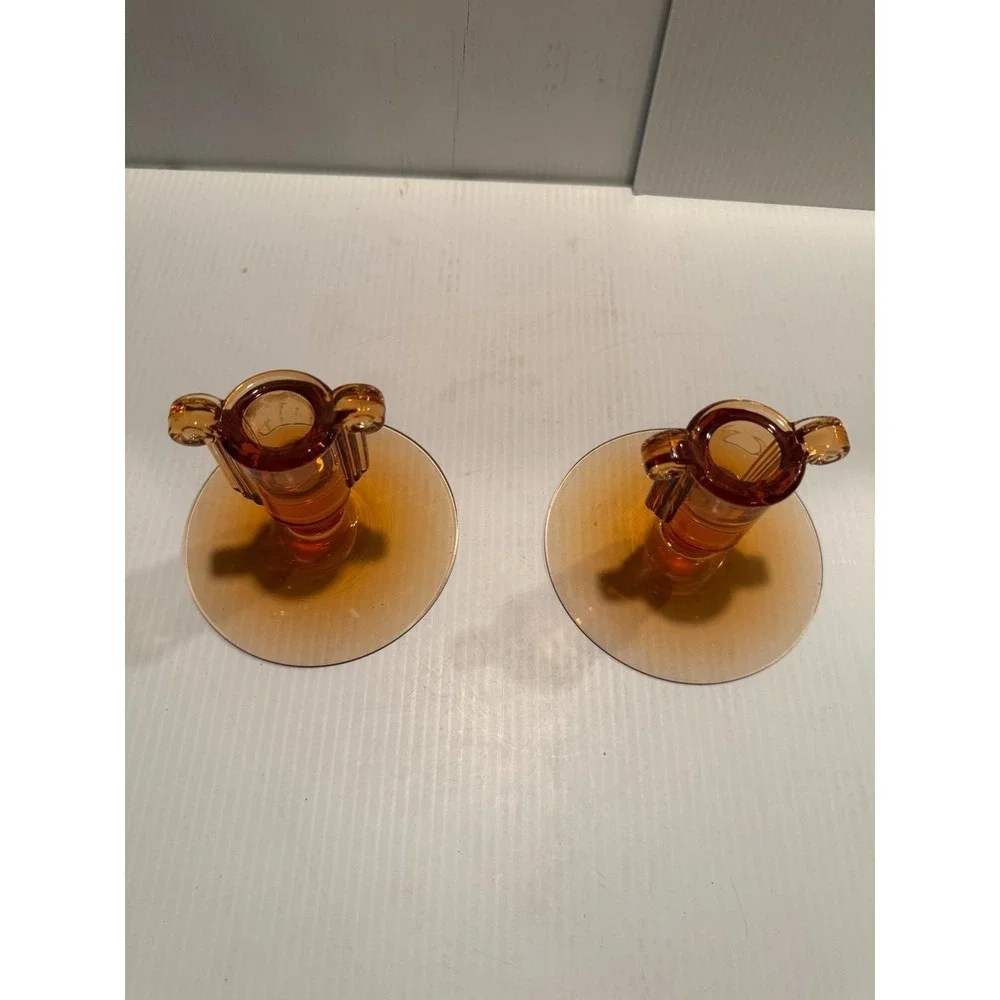 Vtg Fostoria Amber Glass Scroll Candle Holder Pair 1930s Art Deco Elegant MCM